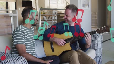 animation of notes over diverse male couple playing guitar