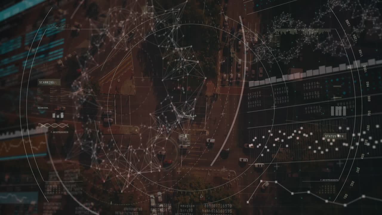 Animazione di elaborazione dati e rete di connessioni su paesaggio urbano
