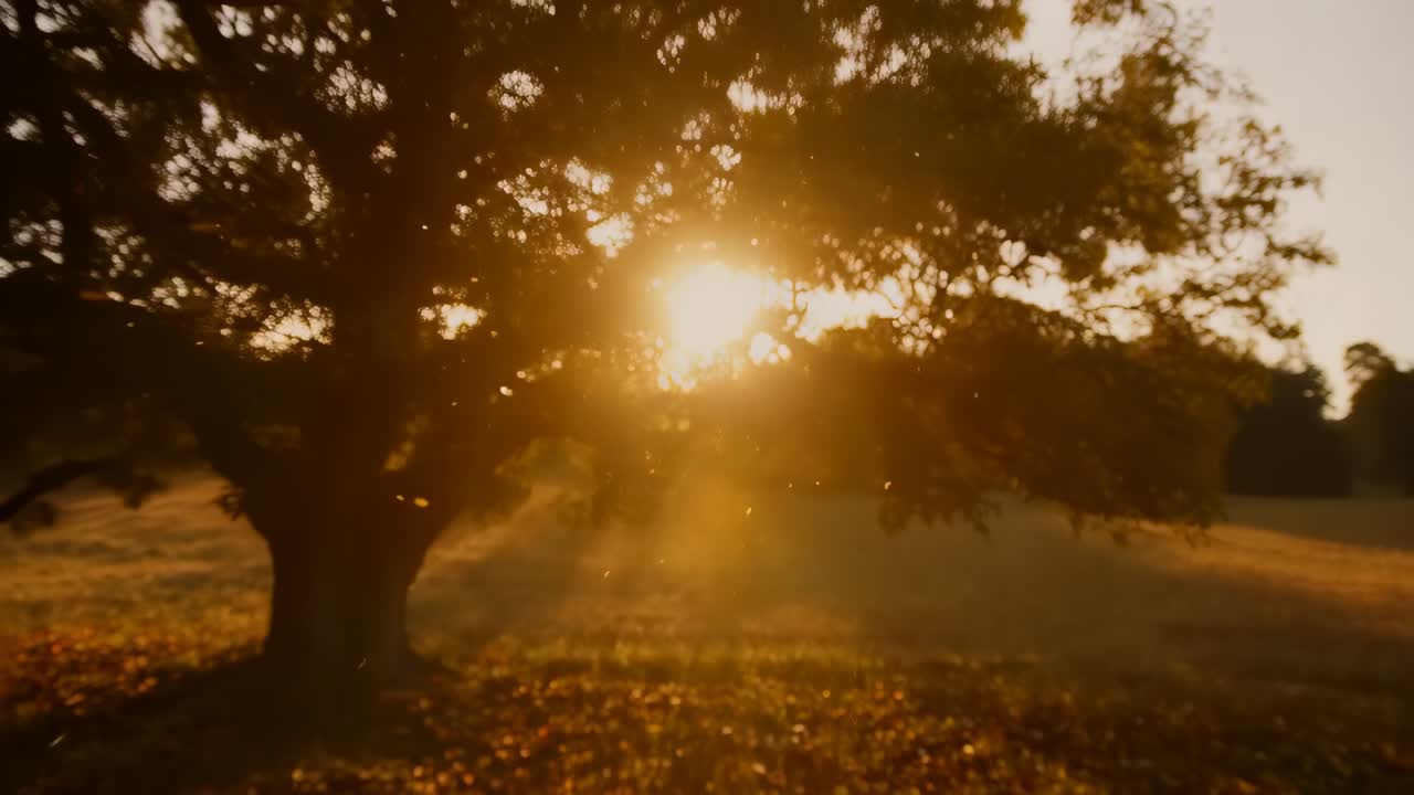 Peeking sun brightening, revealing large deciduous tree in meadow, particles drifting through beams