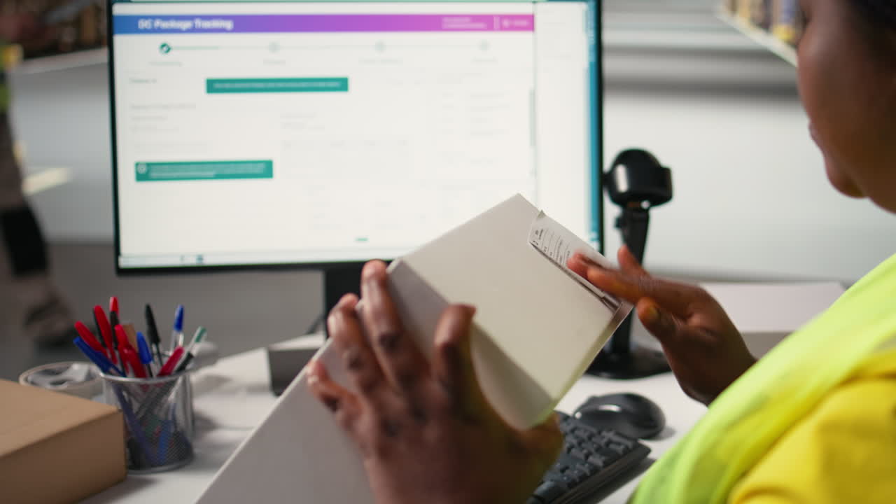 Vertical Video Black woman packing goods and applying shipping labels on boxes