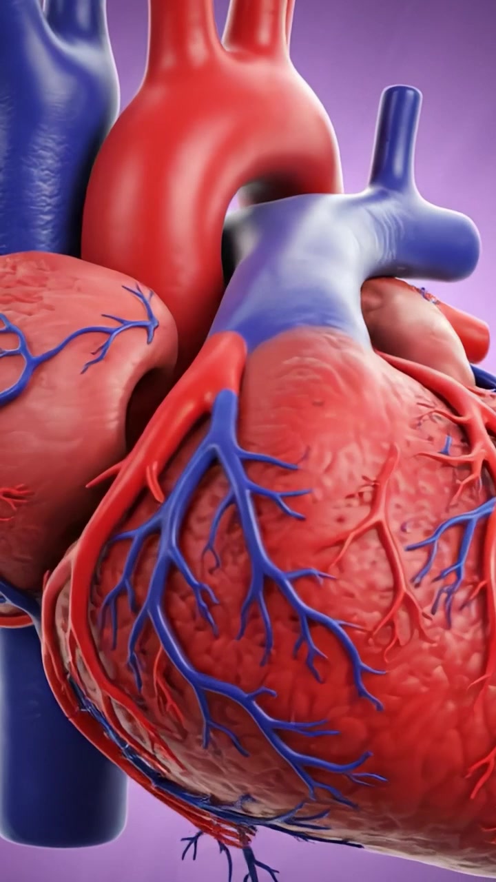 A Detailed 3D Visualization of a Human Heart, Showcasing Its Complex Structure with Distinct Red and Blue Vessels, Highlighting Circulatory Functionality and Anatomy.