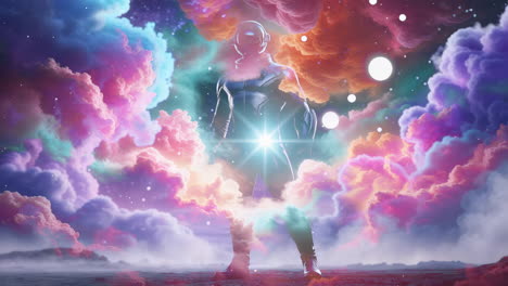 astronaut amidst vibrant cosmic clouds
