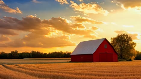 a red barn sits in the middle of a field of wheat