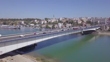 panorama 4k aerial shot revealing branko bridge on sava river, belgrade, serbia