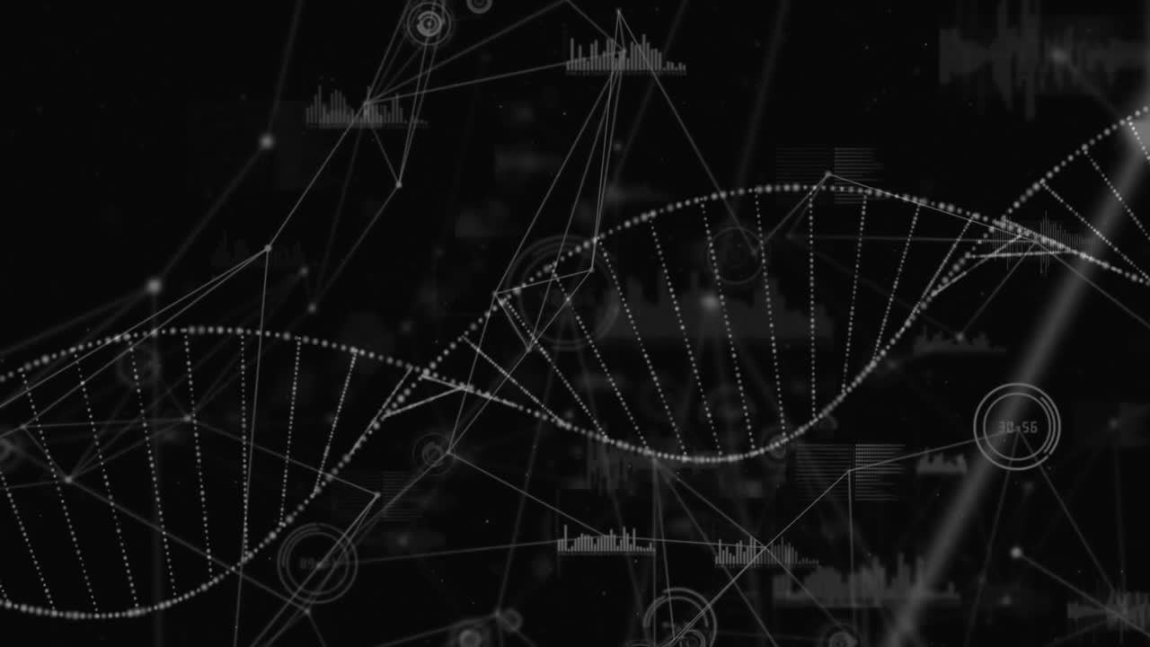 Animation of network of connections with data processing over dna strand on black background