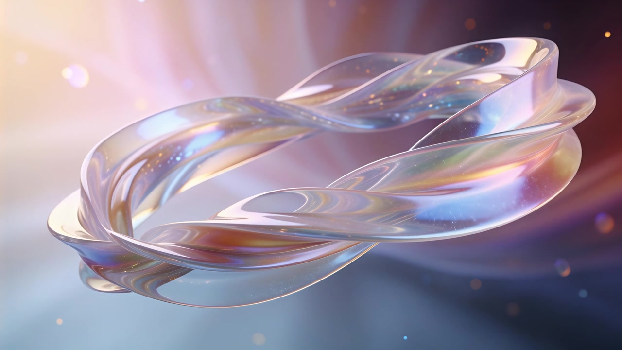 Playing animation, iridescent torus ribbon rotating in studio, revealing inner curves and particles