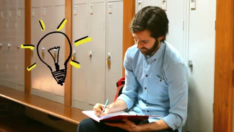 animation of lightbulb icon over caucasian man writing