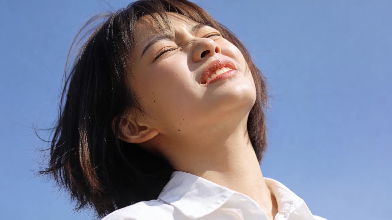 首を傾げた女性が、開けた空に向かって目を細め微笑んでいる。白い襟付きシャツを着ており、日差しが強くなっている