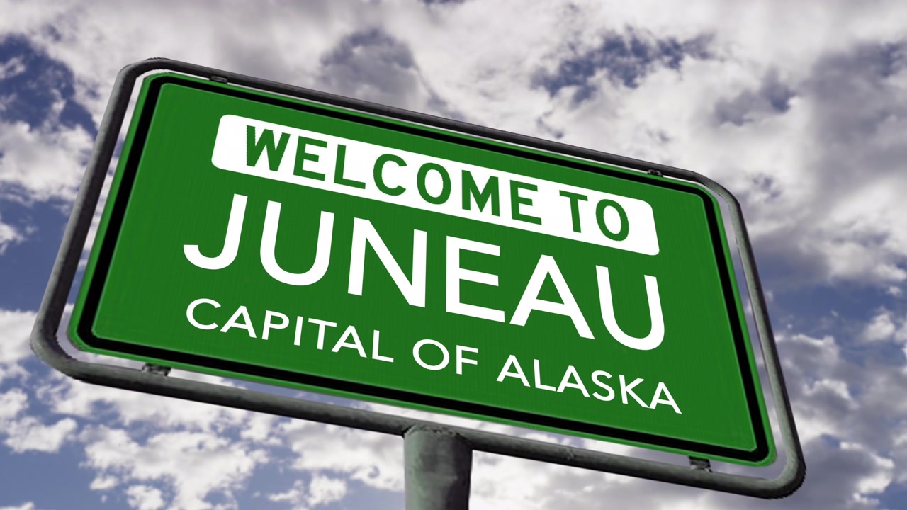 Benvenuti a Juneau, Capitale dell'Alaska. Cartello stradale di città USA in primo piano, Animazione 3D realistica