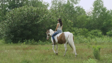 trained young cowgirl rides her adult pinto horse through a grassy field