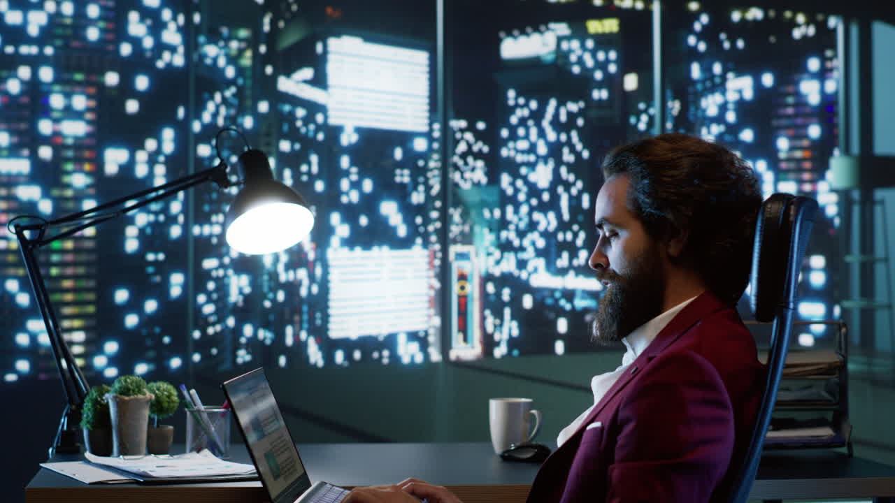Portrait of successful CEO working late on company development