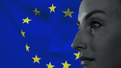 animación de la mujer caucásica frente a la bandera de la ue