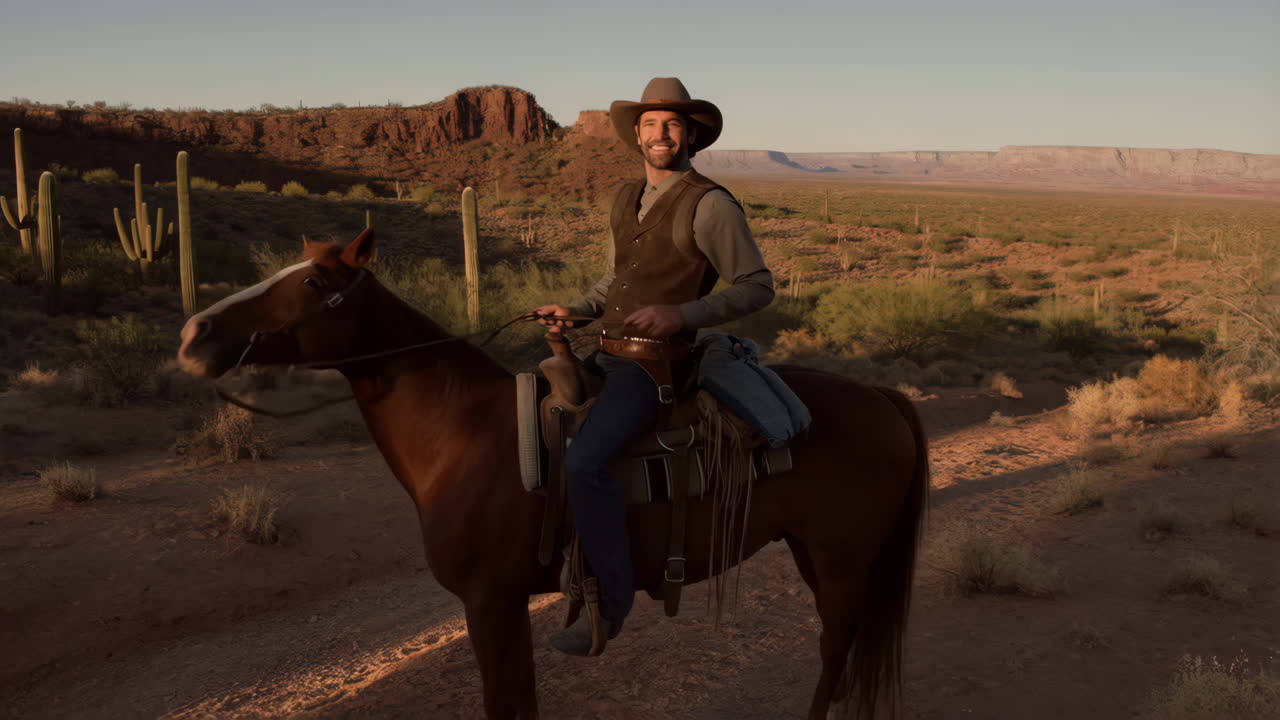 해가 지는 동안 사막에서 말을 타고 있는 카우보이