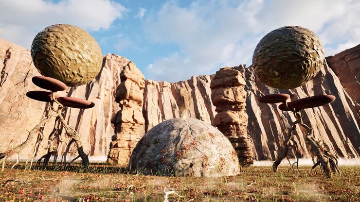 Arid alien planet with alien plants and organic spheres rotating in the air, 3D animation, camera zoom in slowly, day time