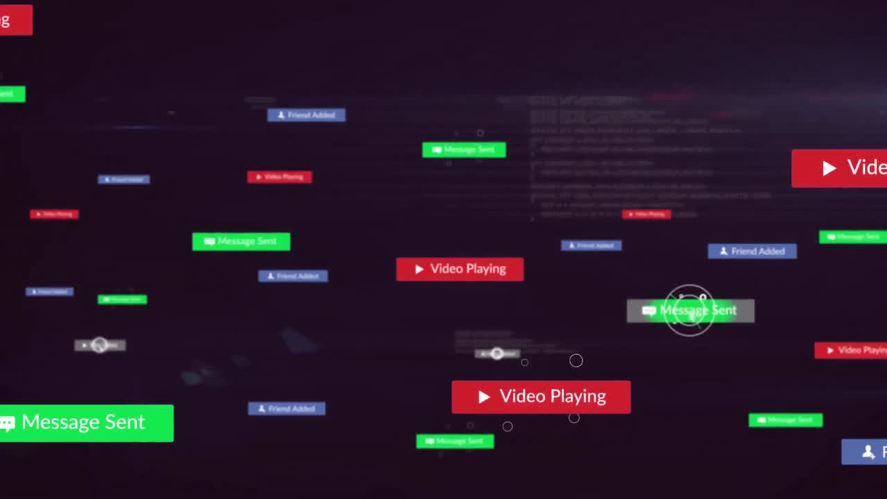 Animation of texts and icons in notification bars over computer language against black background