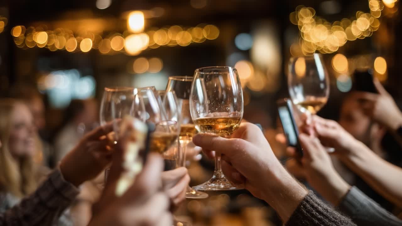 Celebratory Toast Among Friends in a Cozy Atmosphere with Bokeh Lights and Lively Conversations, Highlighting Connection and Enjoyment of Fine Drinks