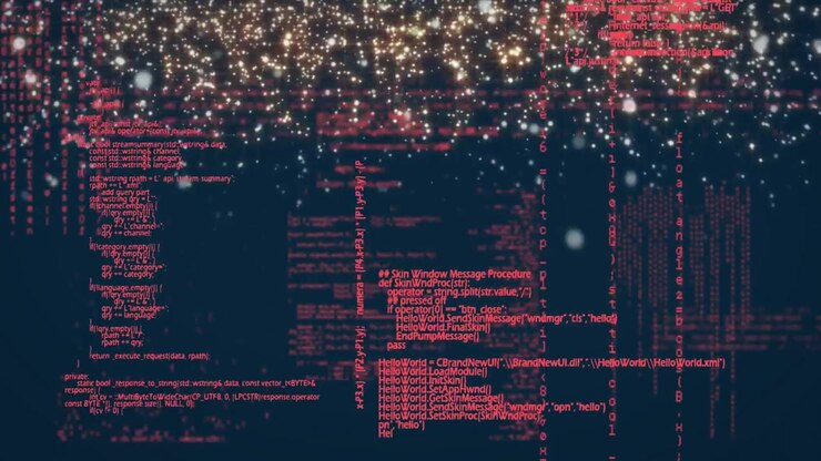After golden shimmer appearing red code clusters shifting, dissolving and revealing blue canvas