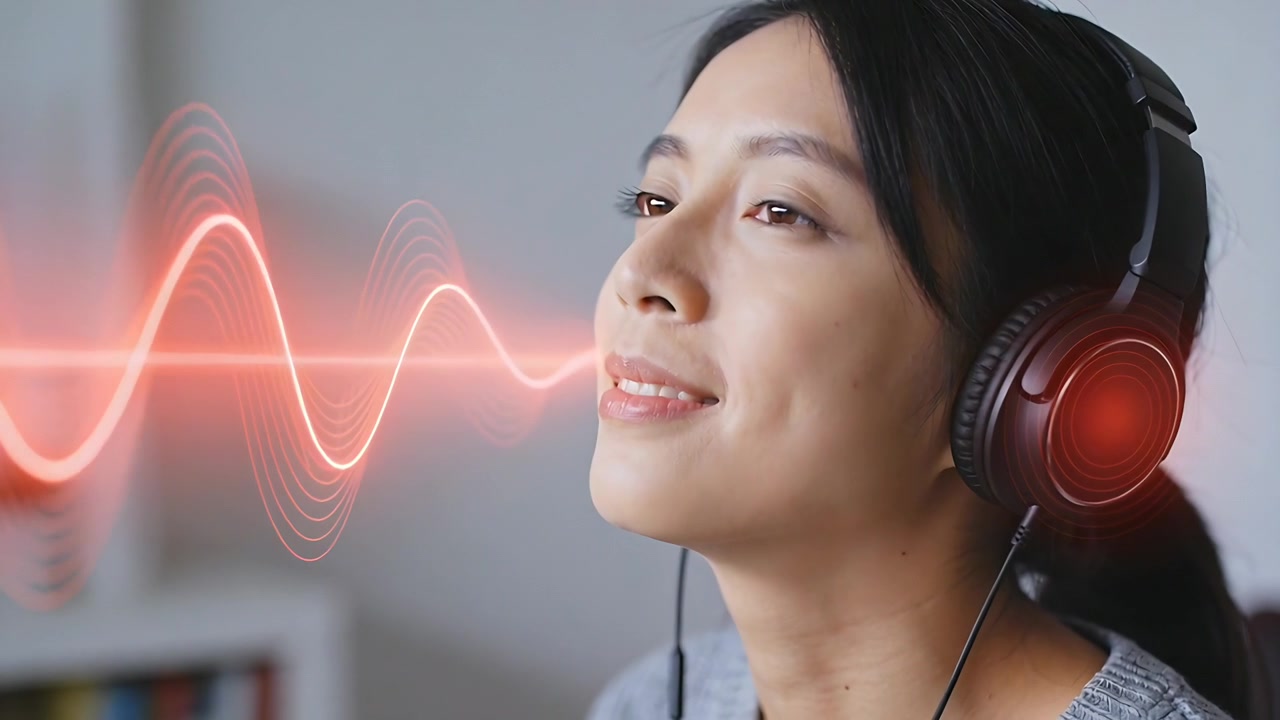 Wanita mendengarkan mengenakan sweater dan headset, memiringkan kepala dan menutup mata saat gelombang suara merah mendekat, sedang memutar musik.