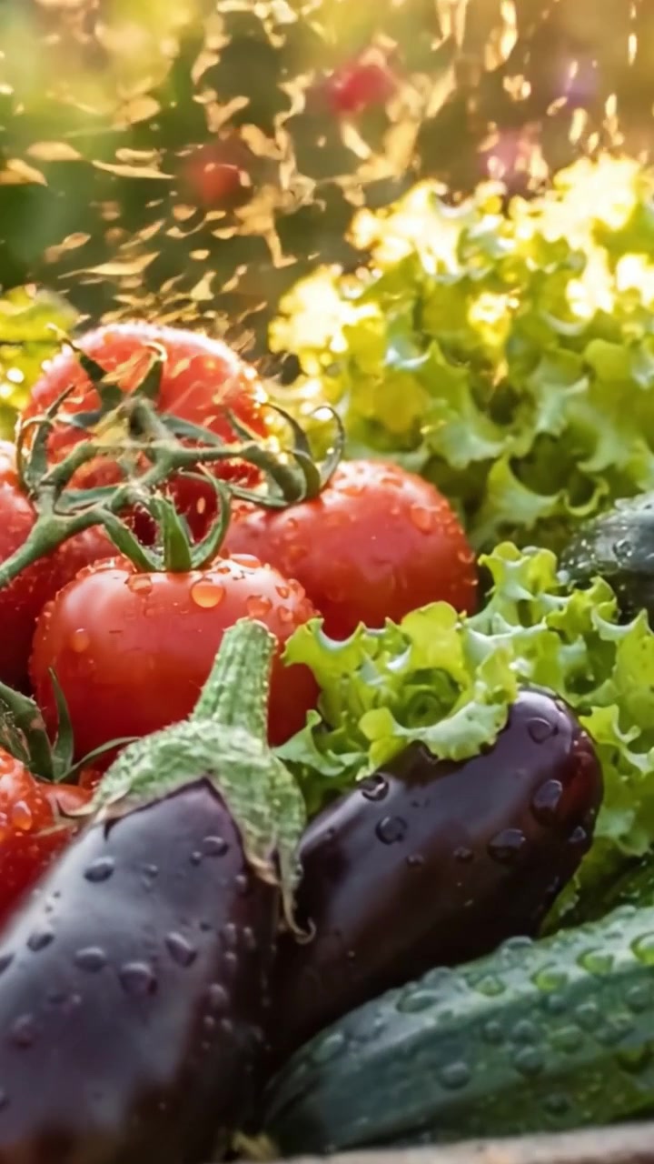 Una cosecha fresca de verduras vibrantes: Experimenta la belleza colorida de tomates jugosos, lechuga crujiente y verduras exuberantes en una caja de madera rústica.