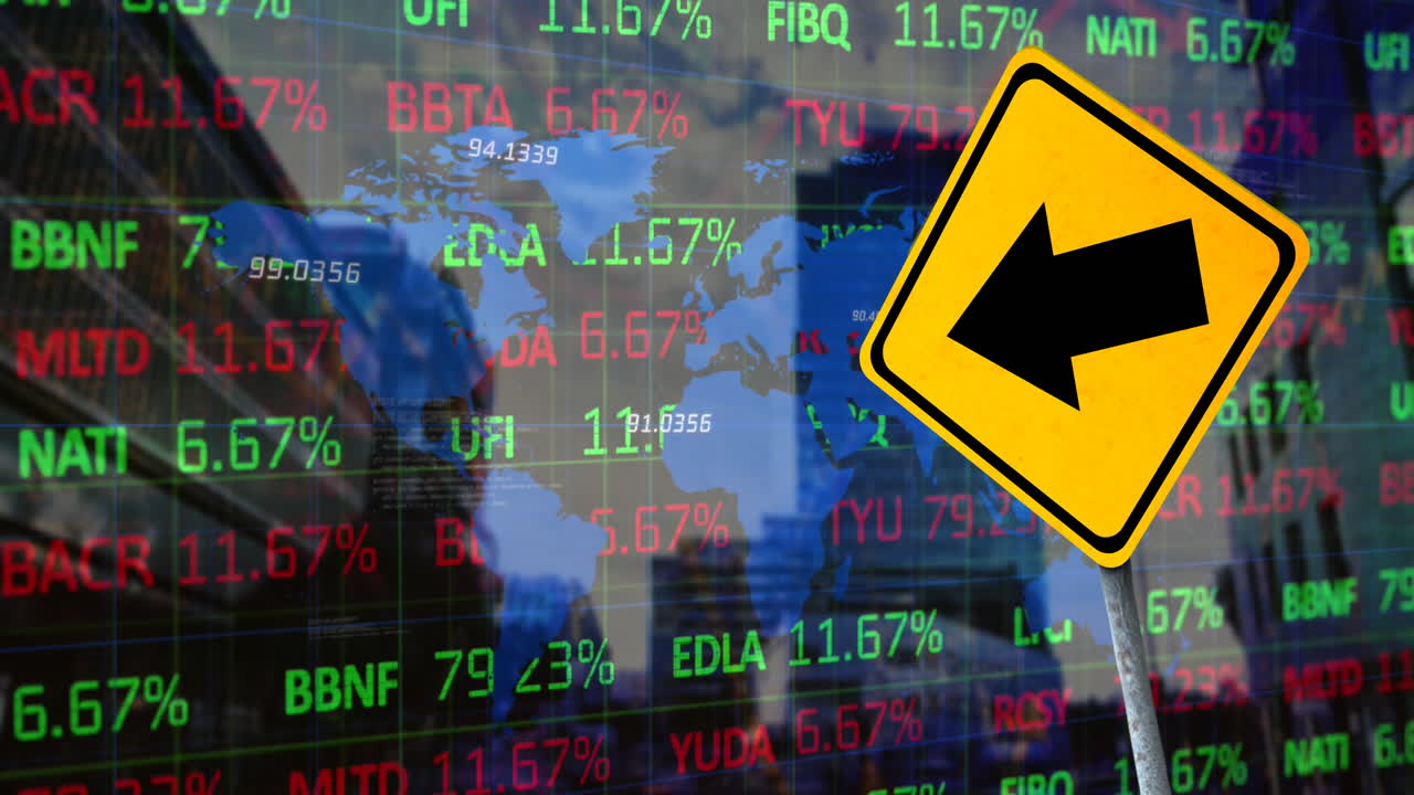 금융 데이터 처리 및 화살표가 있는 노란색 도로 표지판의 애니메이션