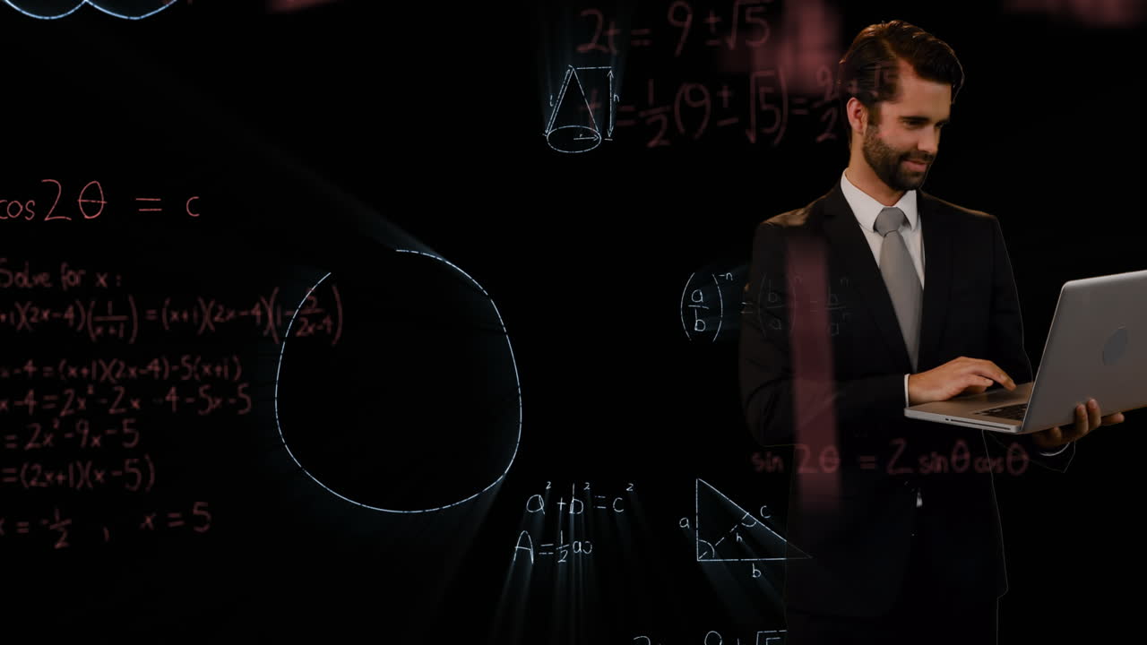 검은색 배경에 수학 방정식에 대한 백인 사업가의 애니메이션