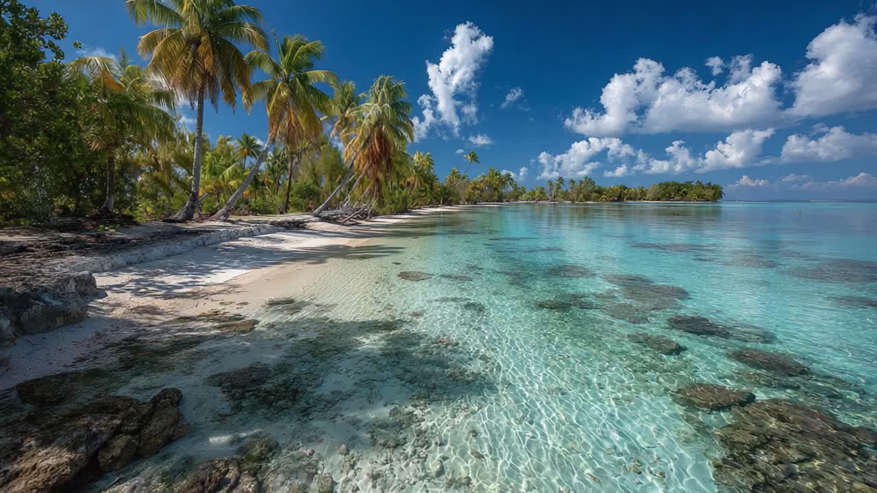 Ein ruhiges Tropenparadies: Kristallklares Wasser und üppige Palmen schaffen ein malerisches Reiseziel unter einem strahlend blauen Himmel