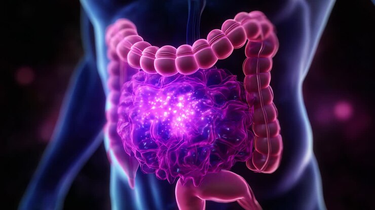 A Stunning Visualization of the Human Digestive System Highlighting the Gastrointestinal Tract with a Colorful Representation of Biological Processes and Interactions Within the Organism