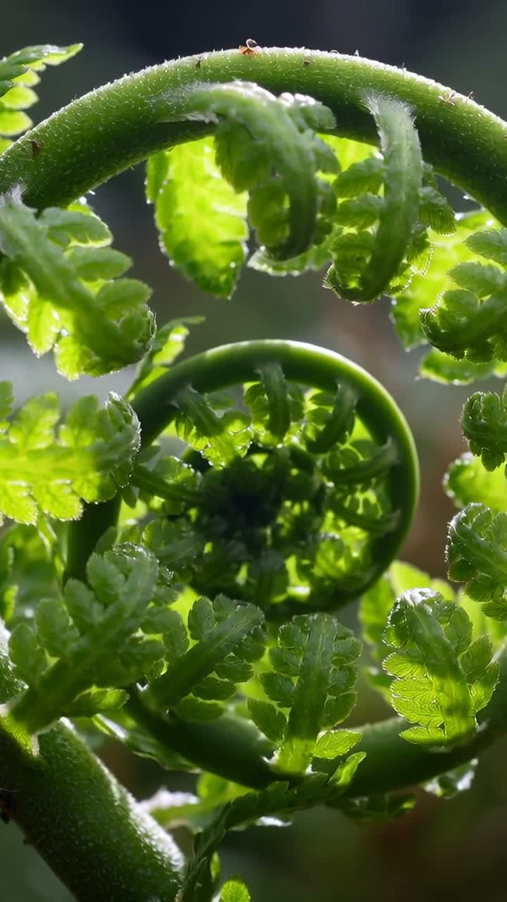 Dikey video: Açılan eğrelti otu filizi, gölgeli bahçede makro çekimde iç kıvrımlarını ortaya çıkarıyor, bir karınca görünüyor.