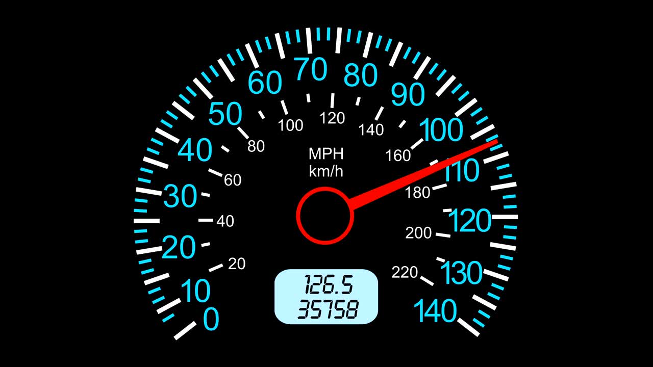 Car speedometer and moving pointer, on a black screen  background. 4k animation.