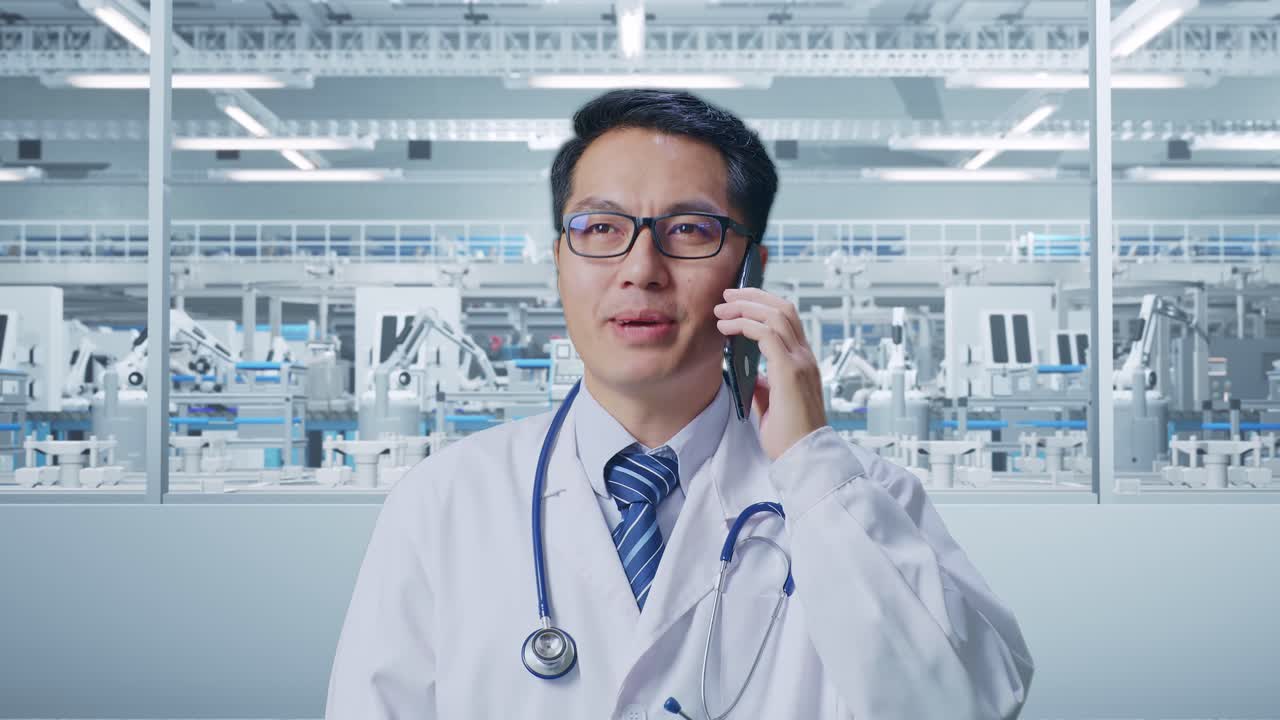 研究室に立ってスマートフォンで話しているステトスコップを持ったアジア人男性医師のクローズアップ