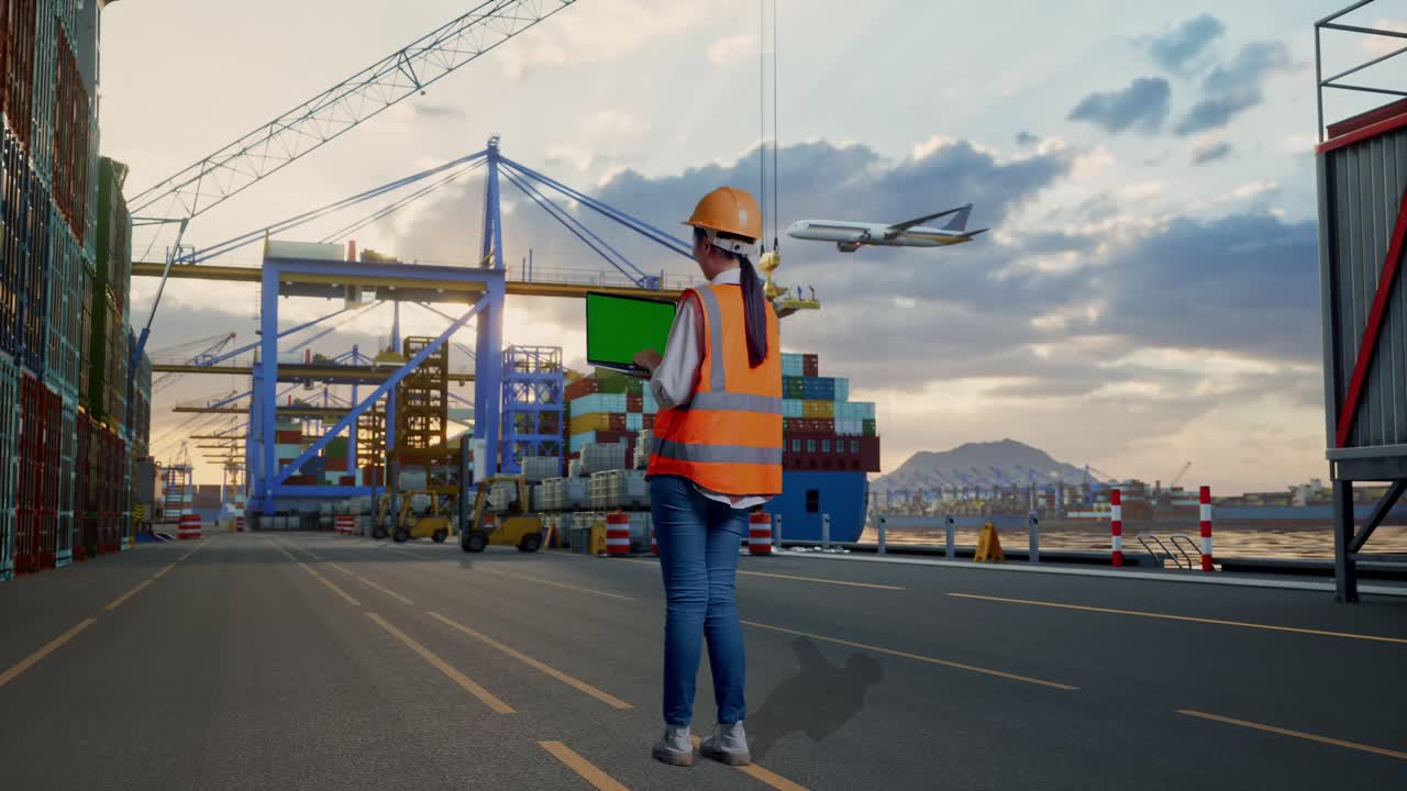 Full Body Back View Of Asian Female Engineer With Safety Helmet Working A Green Screen Laptop at Port with Container Ship and Cranes at Sunset