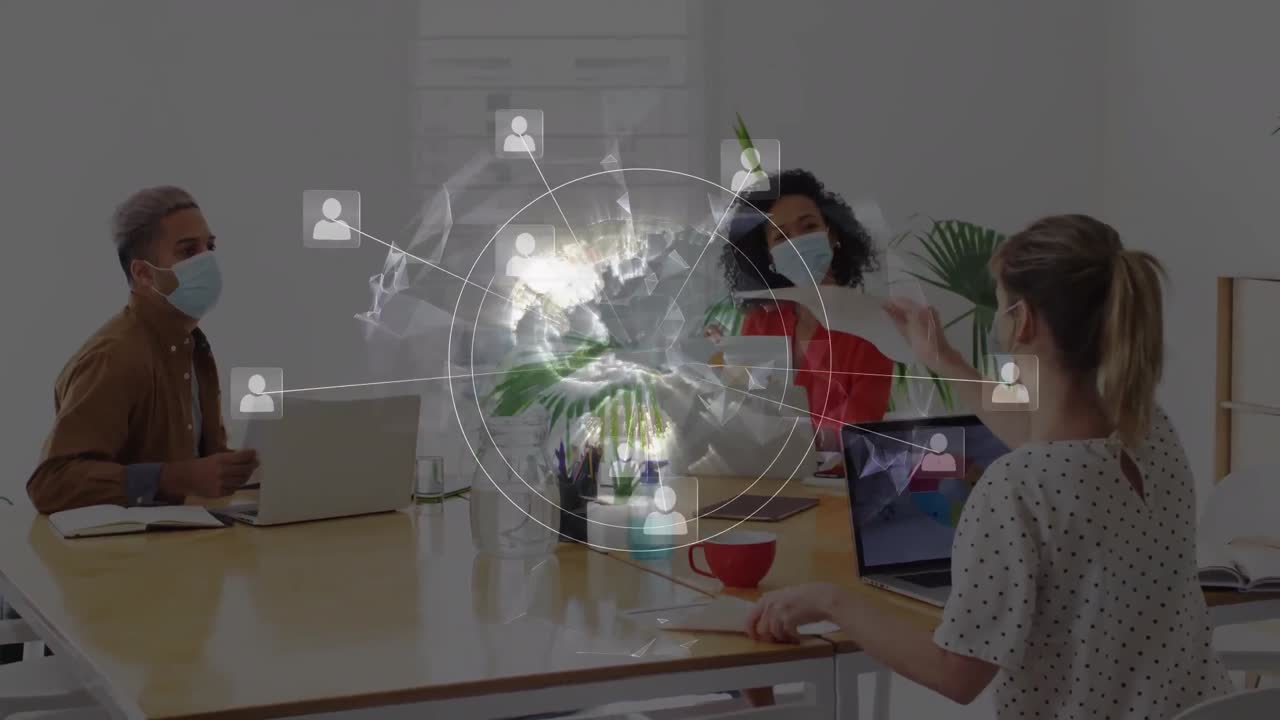 animación de la red de conexiones con iconos sobre diversas personas de negocios con máscaras faciales