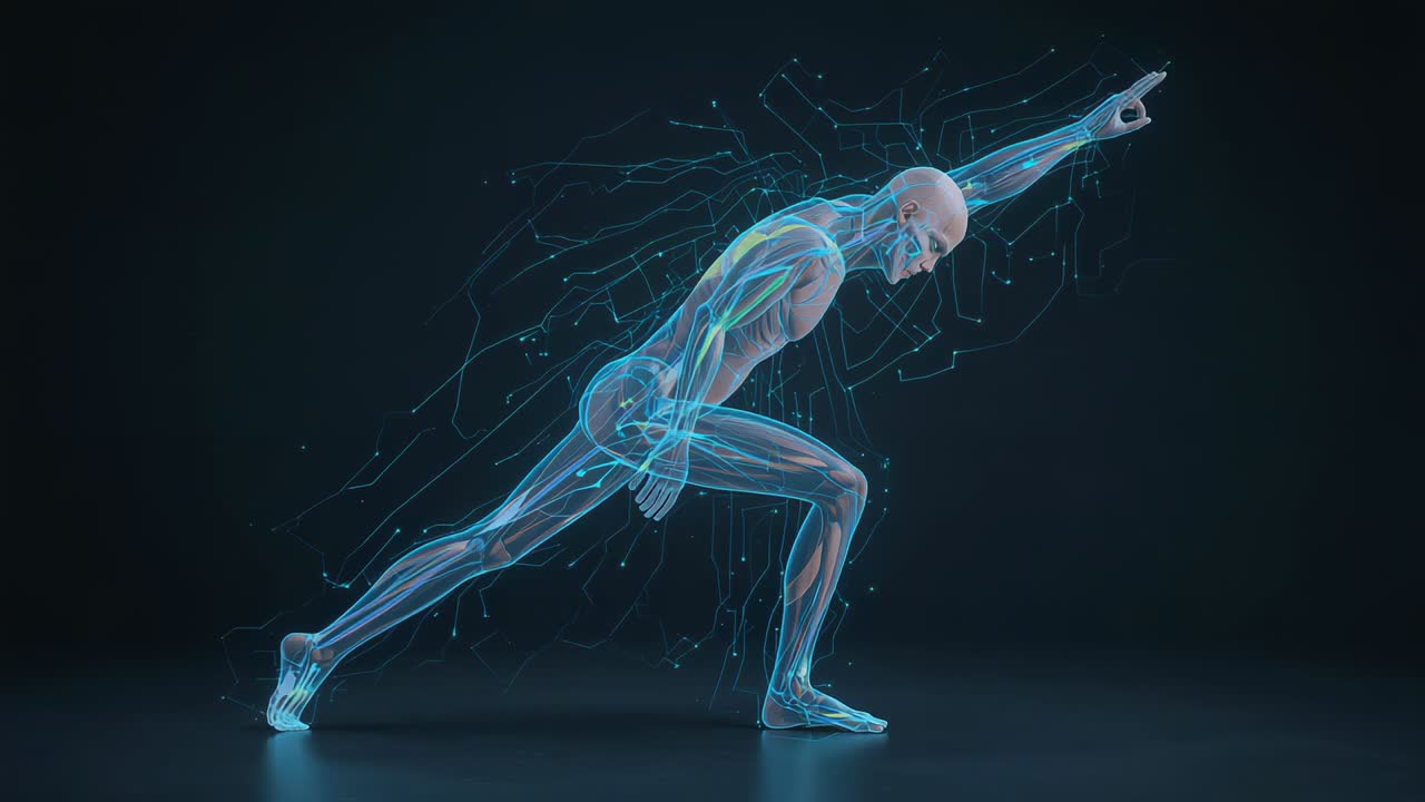 Signal activating hologram model holding lunge in lab, showing sprint mechanics with glowing lines