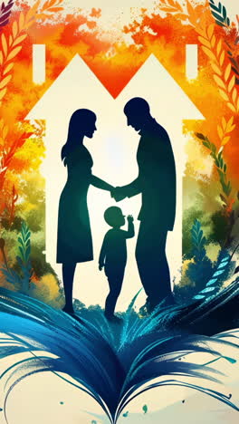 a family of three, a man, a woman, and a child, are embracing each other in a heart shape. concept of love, warmth, and togetherness. the colors used in the image are vibrant and lively