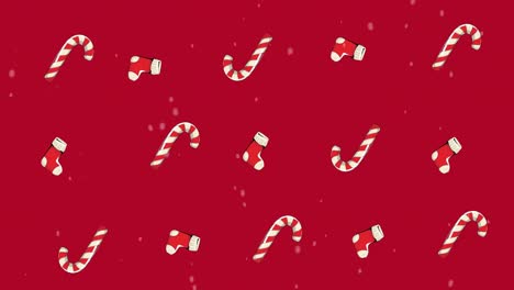 animation of multiple sock and candy cane on red background