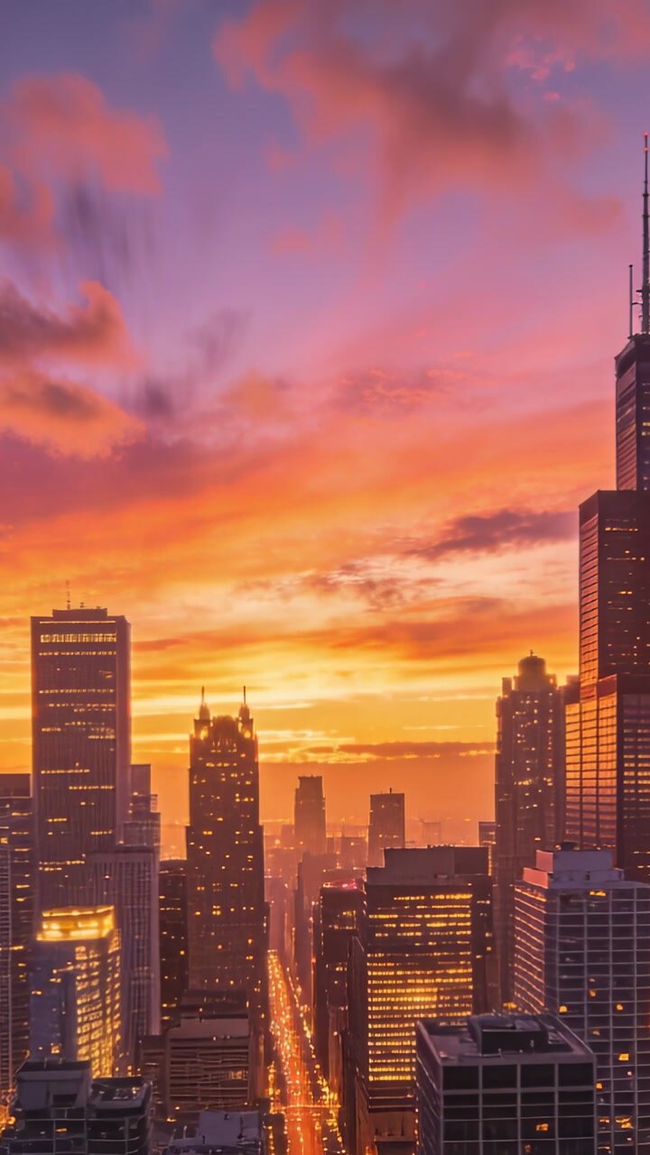 Vertical video: Shifting city skyline and lit avenue changing color at sunset, with drifting clouds
