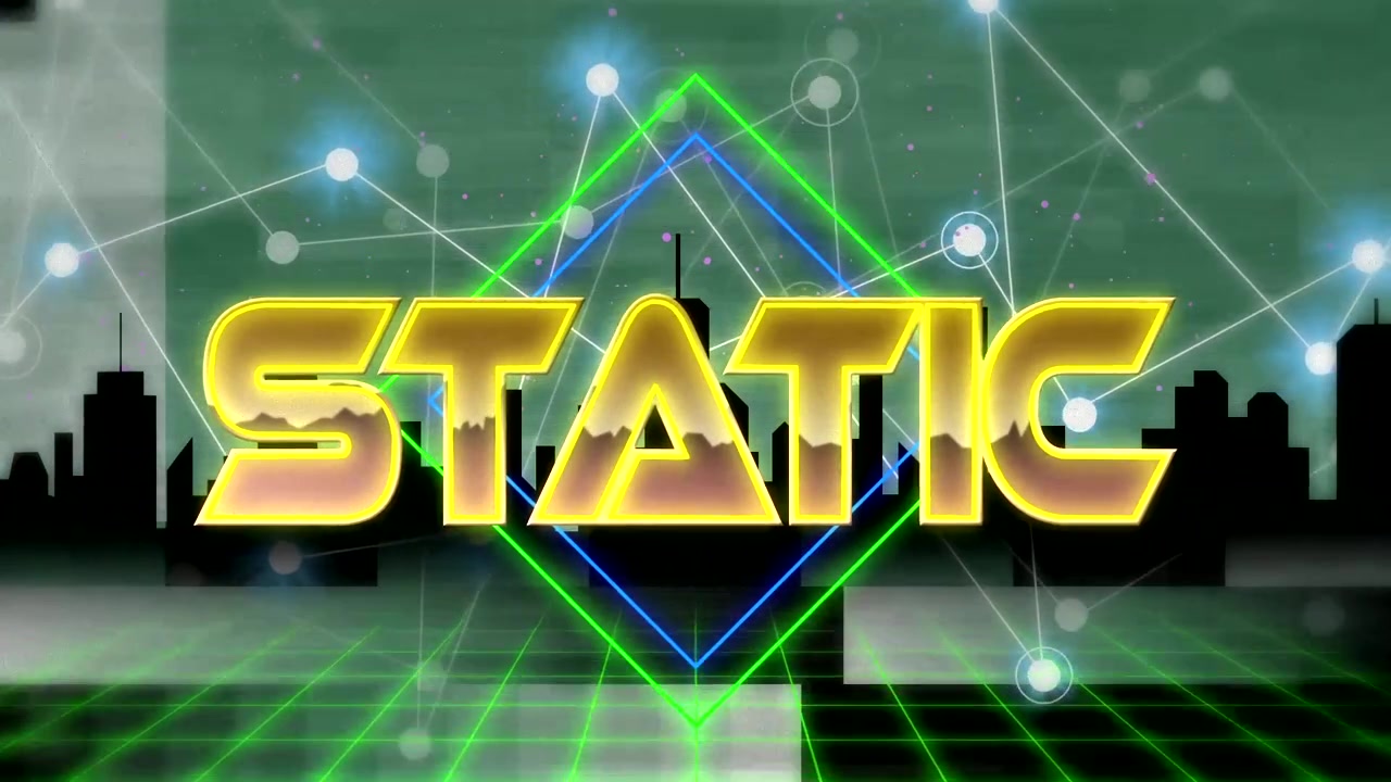 Tracing yellow line segments over skyline grid, forming STATIC text with diamond and network nodes