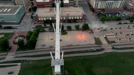 downtown davenport, iowa skyline during sunset with drone video tilting up