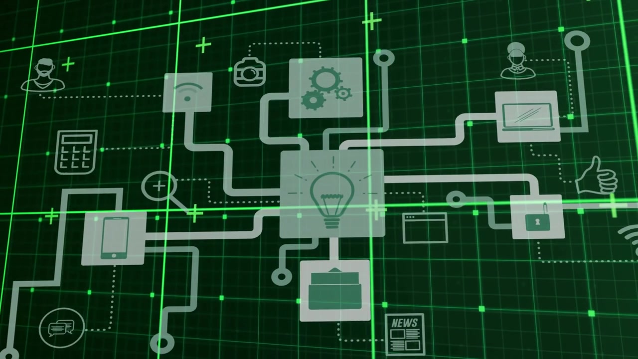 Animazione di più icone che formano un diagramma di flusso su un motivo a griglia, con segni più su uno sfondo astratto.