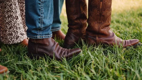 people in cowboy boots and jeans standing in green grass