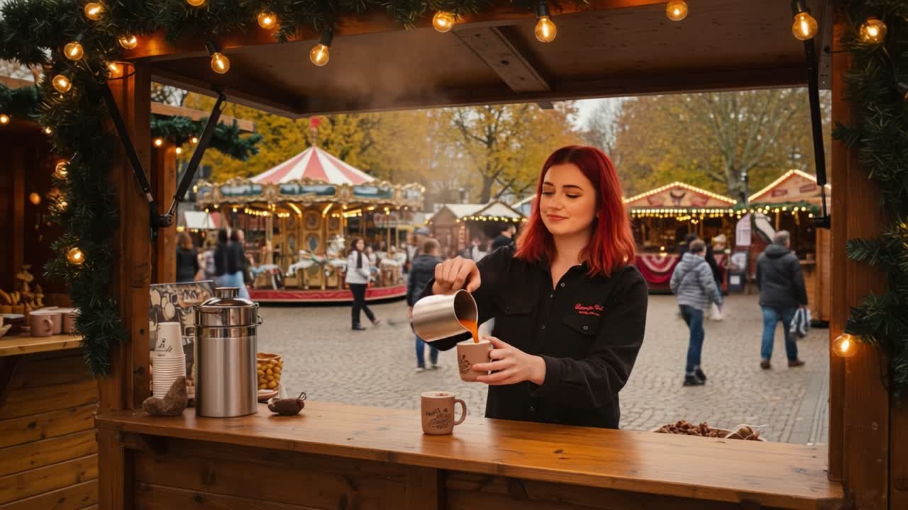 Cheerful Barista at Festive Market Serving Hot Beverage While Holiday Decorations Create a Joyful Atmosphere of Celebration and Community Spirit