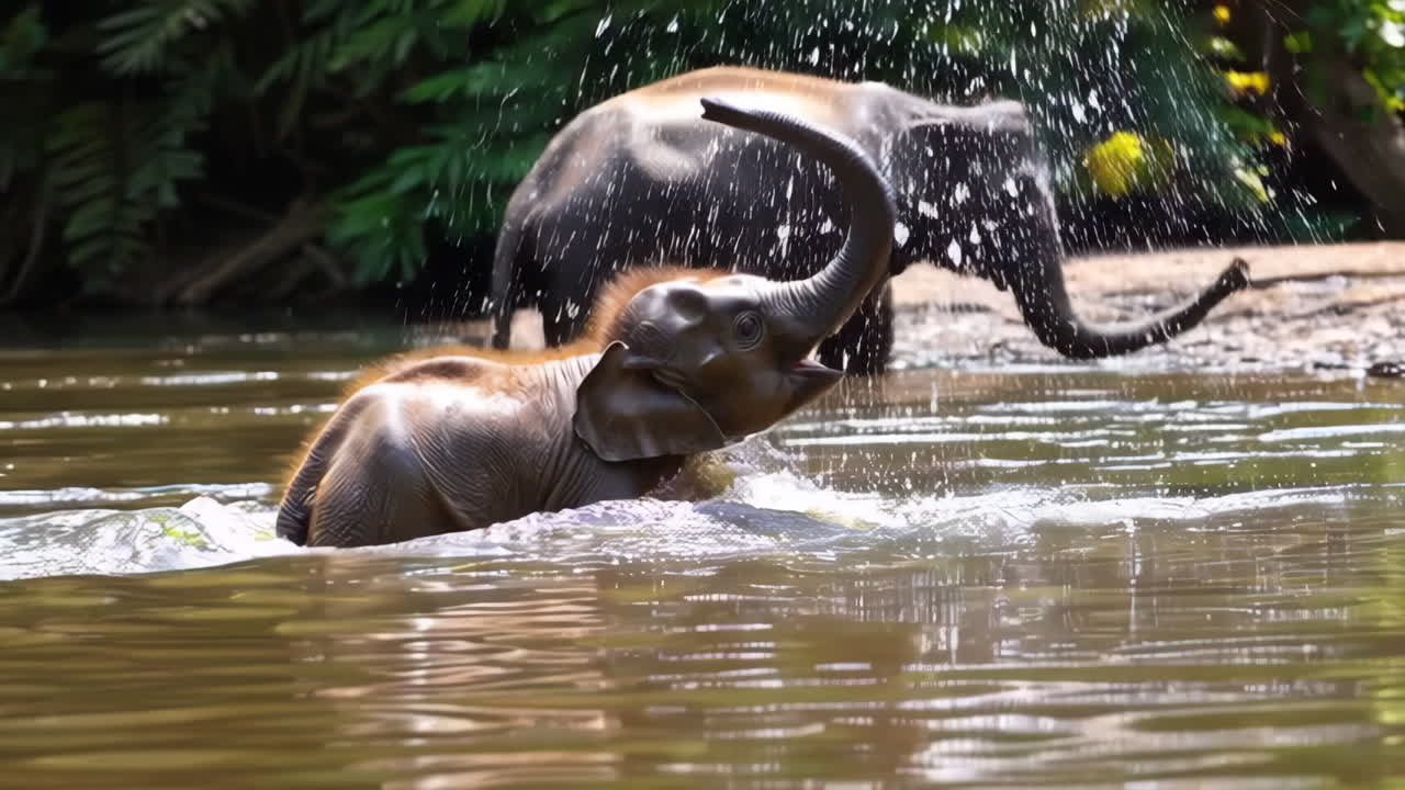 Baby Elephants Playing in a River