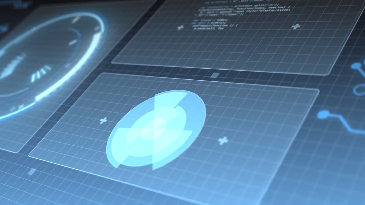 Animation of data processing and scope scanning on screens over grid