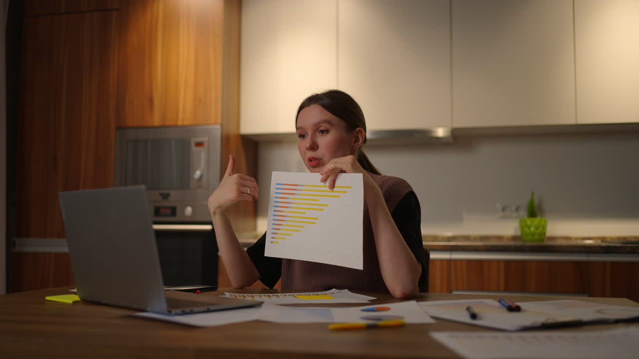 Home office A young woman shows a graph in a laptop camera sitting at home in the kitchen conducting an online report. conference with demonstration of documents and schedules