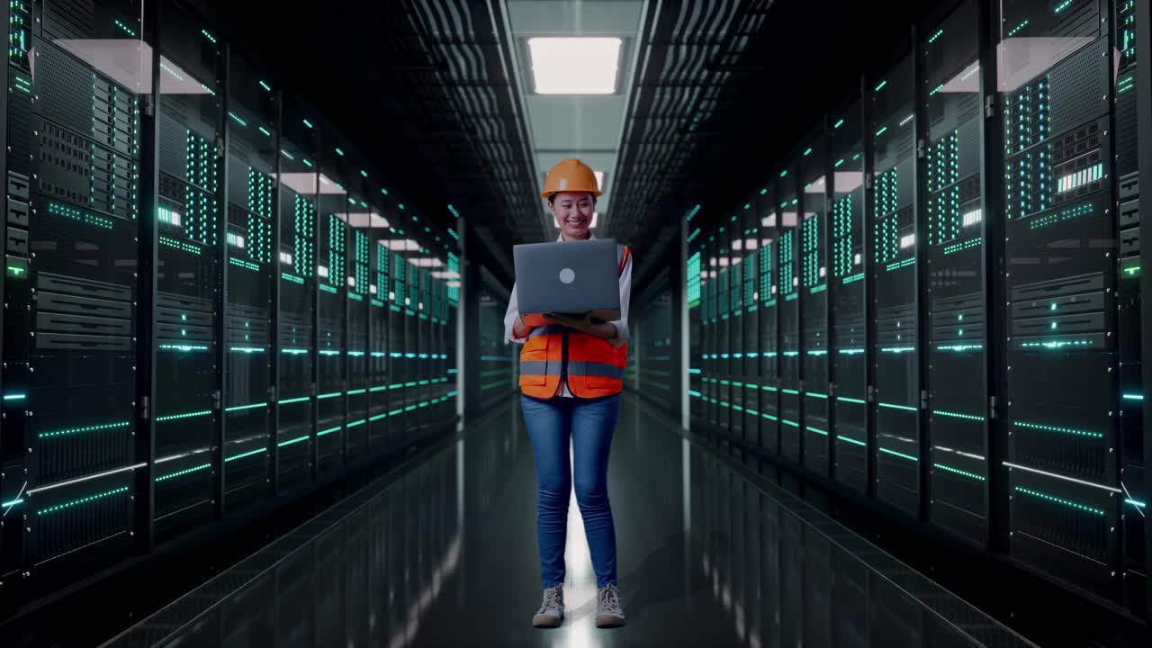 Full Body Of Asian Female Engineer With Safety Helmet Working On A Laptop While Standing in Server Room Data Center