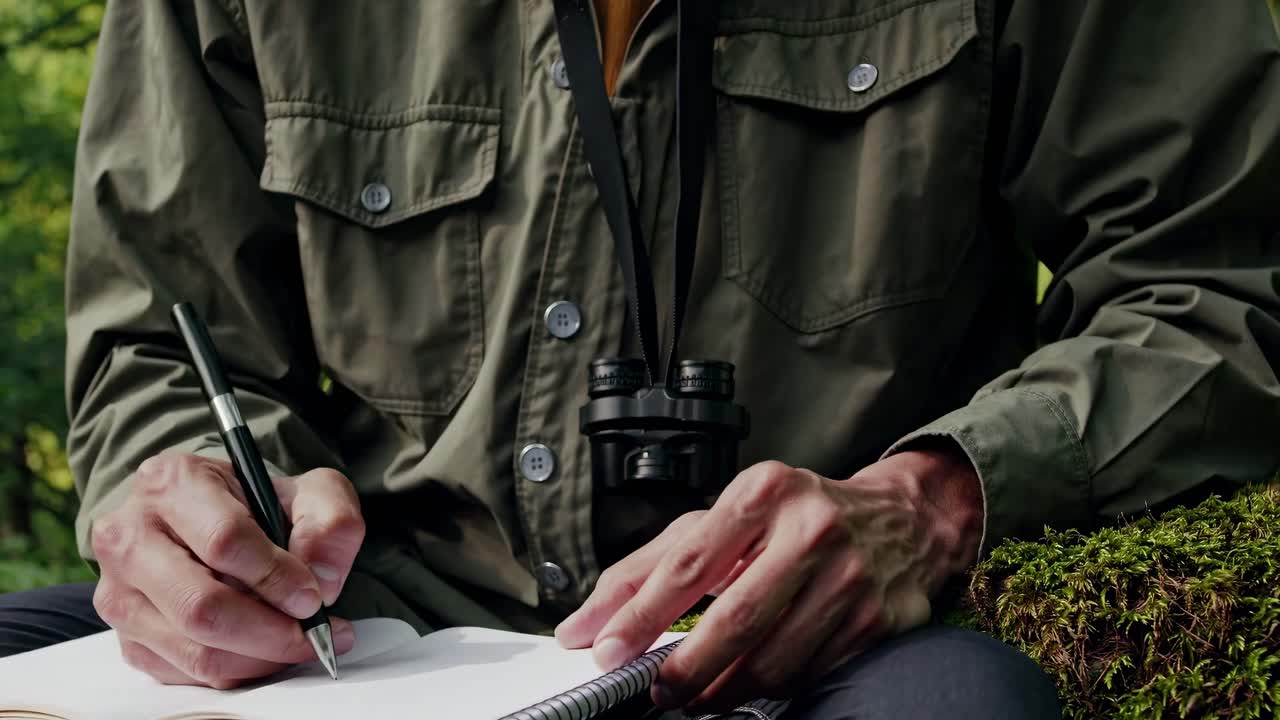 Close-up angle of a person writing in a notebook outdoors, with binoculars hanging