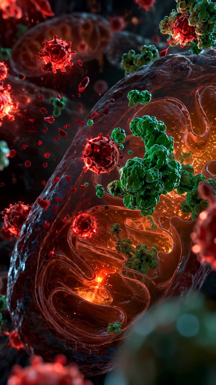 Particelle rosse appuntite e forme molecolari verdi si muovono attorno a un mitocondrio traslucido mentre pieghe di membrana arancione brillante brillano all'interno di una struttura ovale su uno sfondo scuro leggermente sfocato
