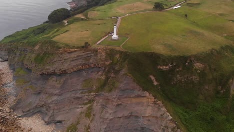 Lighthouse-on-a-massive-cliffs,-aerial-upward-movement