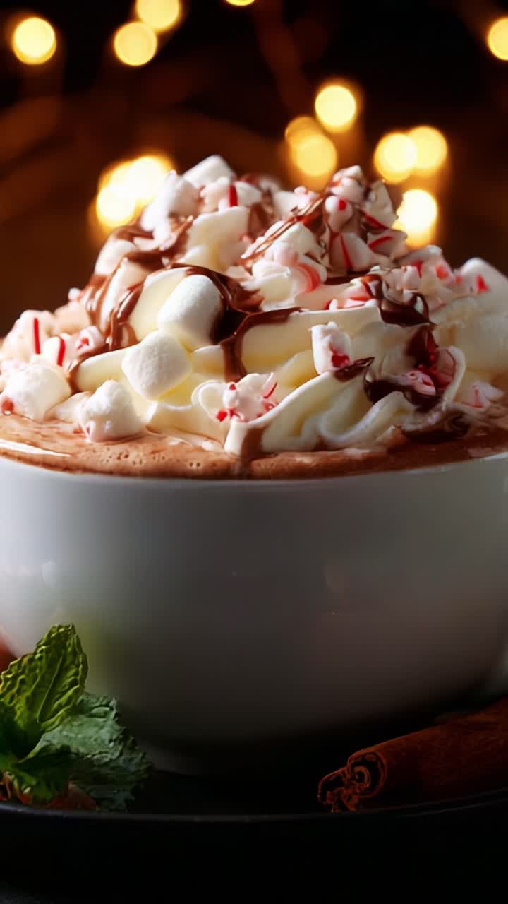 Indulge in a Rich and Creamy Hot Chocolate Topped with Marshmallows, Peppermint Bits, and Drizzled Chocolate, Perfect for a Cozy Winter Evening with Twinkling Lights in the Background