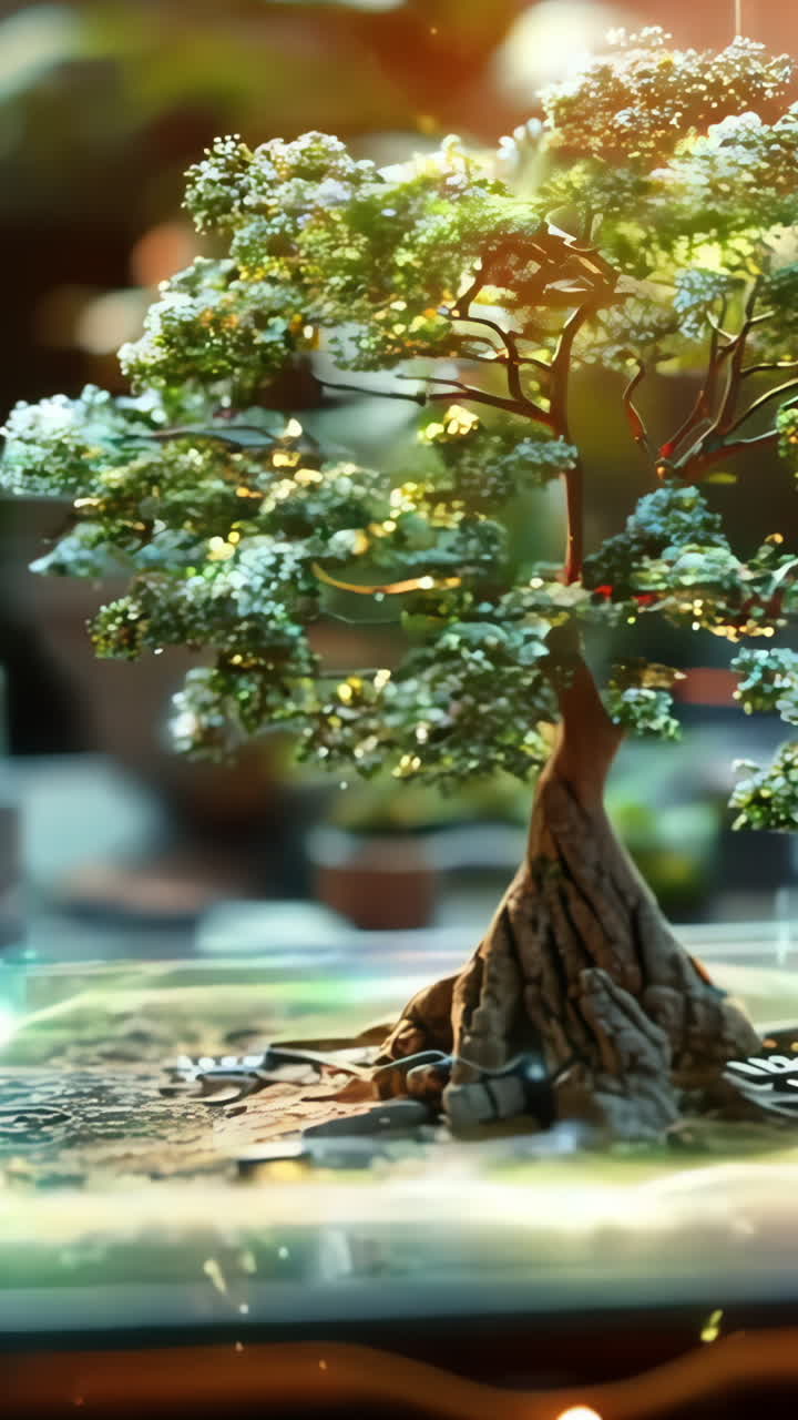 A small tree is planted in a small pot on a table. The tree is surrounded by a small amount of dirt and has a few leaves. Concept of growth and life, as the tree is planted